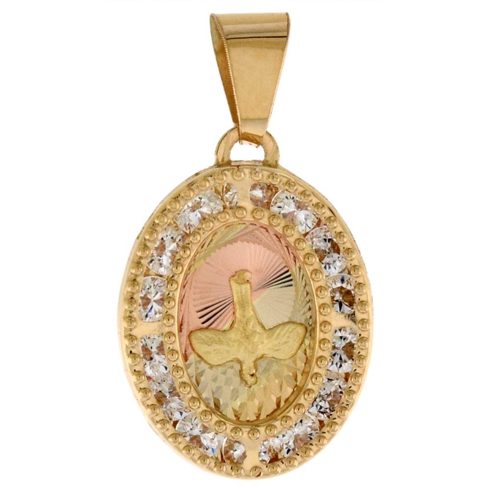 9/16 INCH (14MM) OVAL GENUINE 14K 3-COLOR GOLD CUBIC ZIRCONIA DESCENDING DOVE HOLY SPIRIT PENDANT FOR WOMEN & MEN DIAMOND CUT BACK NO CHAIN (NO CHAIN)