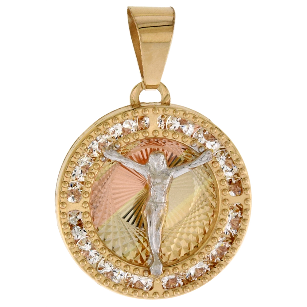 5/8 INCH (15MM) ROUND GENUINE 14K 3-COLOR GOLD CUBIC ZIRCONIA BODY OF CHRIST PENDANT FOR WOMEN & MEN DIAMOND CUT BACK NO CHAIN (NO CHAIN)
