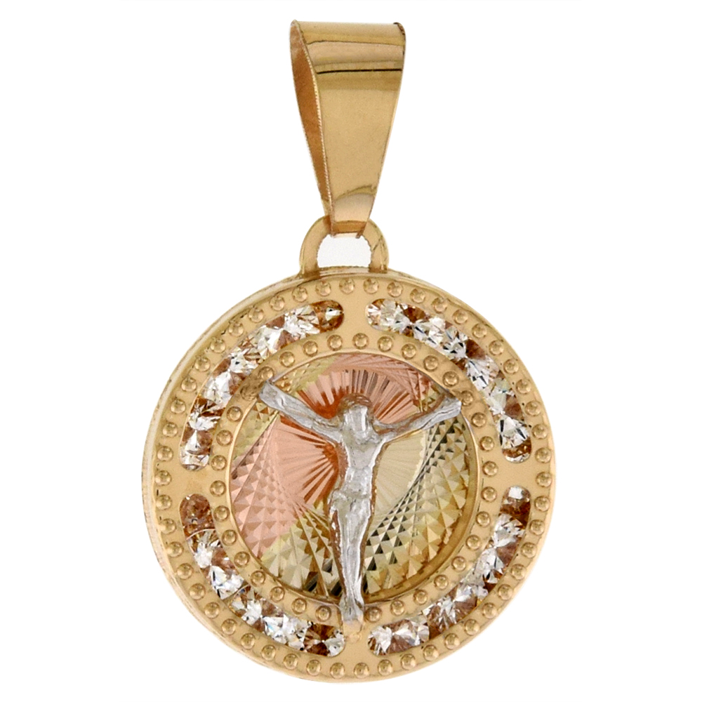 1/2 INCH (13MM) ROUND GENUINE 14K 3-COLOR GOLD CUBIC ZIRCONIA BODY OF CHRIST PENDANT FOR WOMEN & MEN DIAMOND CUT BACK NO CHAIN (NO CHAIN)