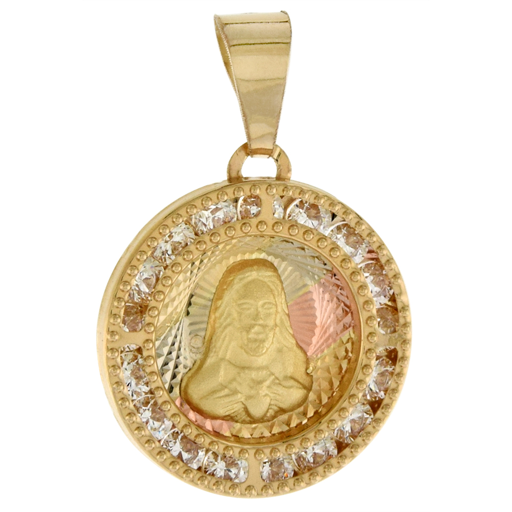 5/8 INCH (15MM) ROUND GENUINE 14K 3-COLOR GOLD CUBIC ZIRCONIA SACRED HEART OF JESUS PENDANT FOR WOMEN & MEN DIAMOND CUT BACK NO CHAIN (NO CHAIN)