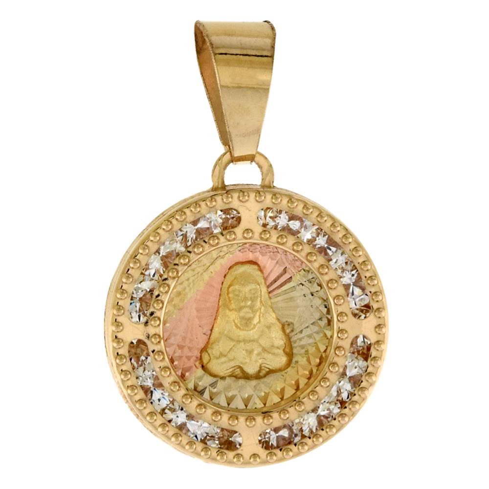 1/2 INCH (13MM) ROUND GENUINE 14K 3-COLOR GOLD CUBIC ZIRCONIA SACRED HEART OF JESUS PENDANT FOR WOMEN & MEN DIAMOND CUT BACK NO CHAIN (NO CHAIN)