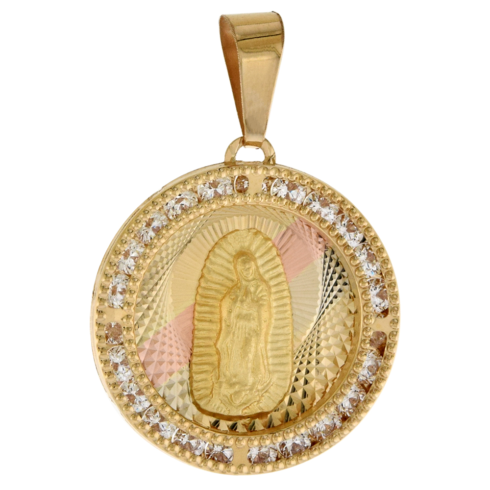 3/4 INCH (20MM) ROUND GENUINE 14K 3-COLOR GOLD CUBIC ZIRCONIA GUADALUPE PENDANT FOR WOMEN & MEN DIAMOND CUT BACK NO CHAIN