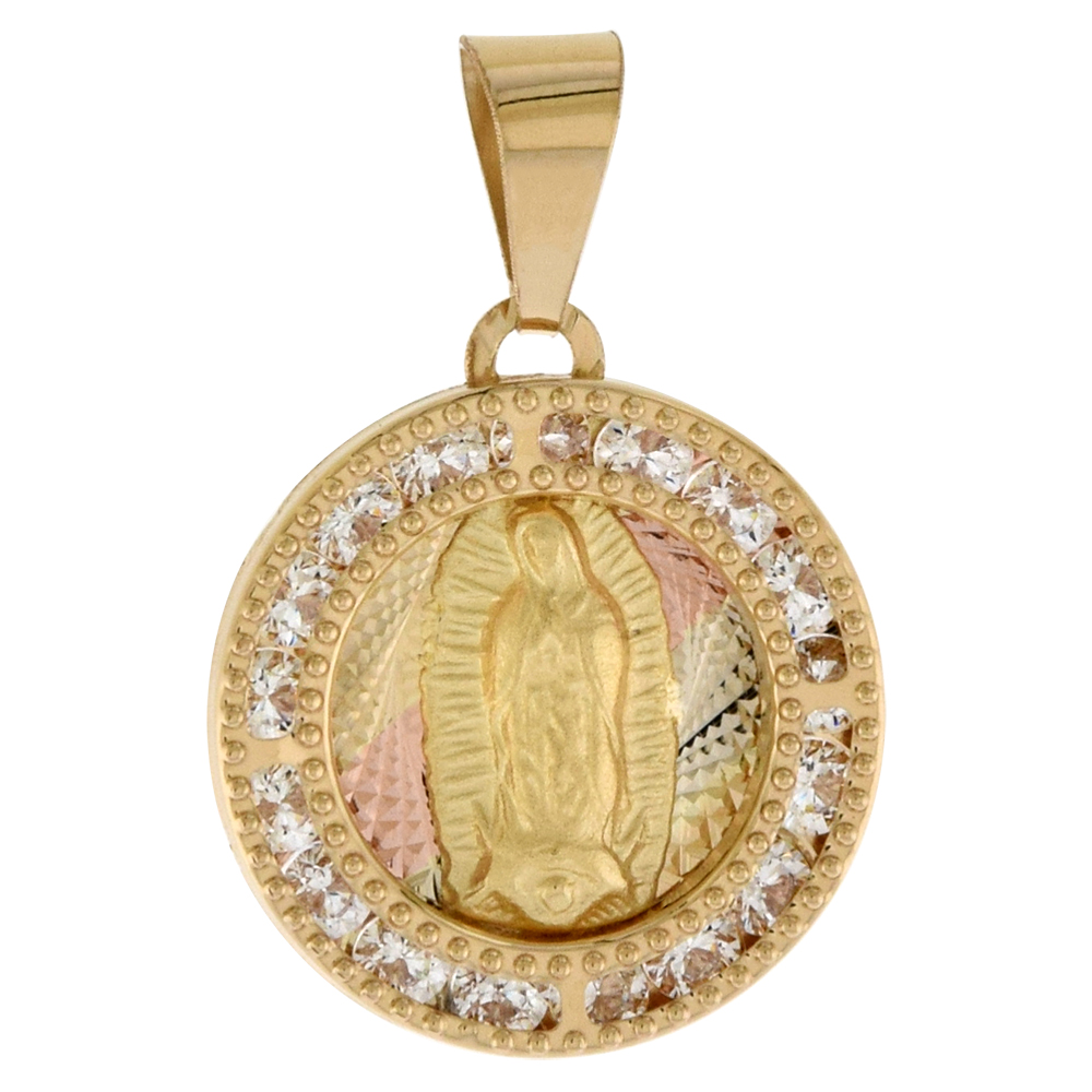 5/8 INCH (15MM) ROUND GENUINE 14K 3-COLOR GOLD CUBIC ZIRCONIA GUADALUPE PENDANT FOR WOMEN & MEN DIAMOND CUT BACK NO CHAIN (NO CHAIN)