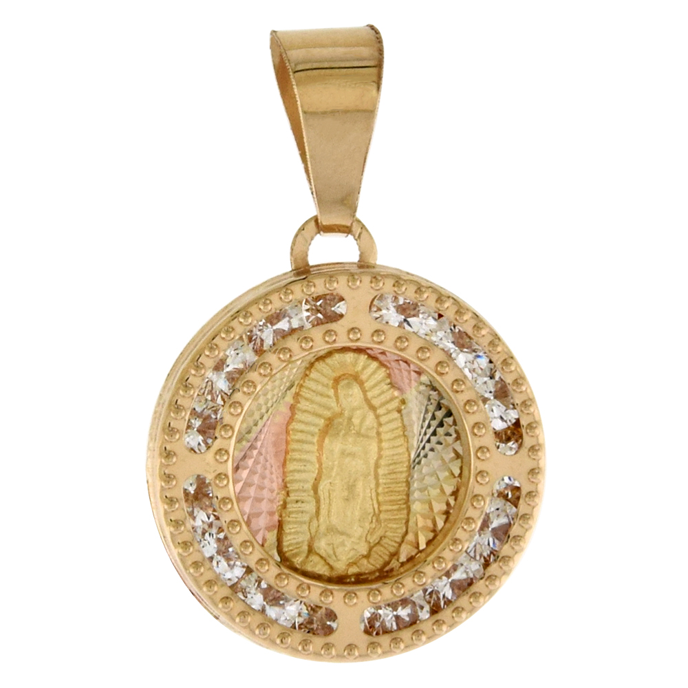1/2 INCH (13MM) ROUND GENUINE 14K 3-COLOR GOLD CUBIC ZIRCONIA GUADALUPE PENDANT FOR WOMEN & MEN DIAMOND CUT BACK NO CHAIN (NO CHAIN)
