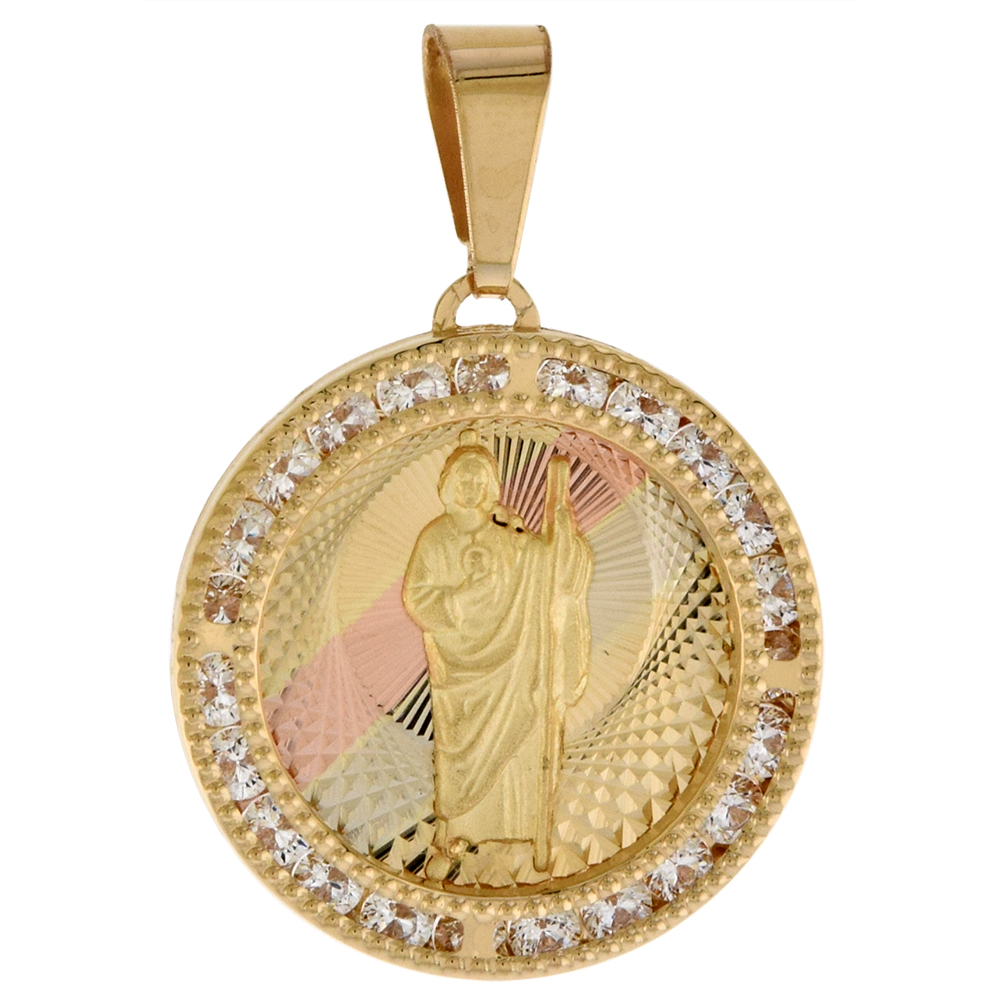 3/4 INCH (20MM) ROUND GENUINE 14K 3-COLOR GOLD CUBIC ZIRCONIA ST JUDE PENDANT FOR WOMEN & MEN DIAMOND CUT BACK NO CHAIN