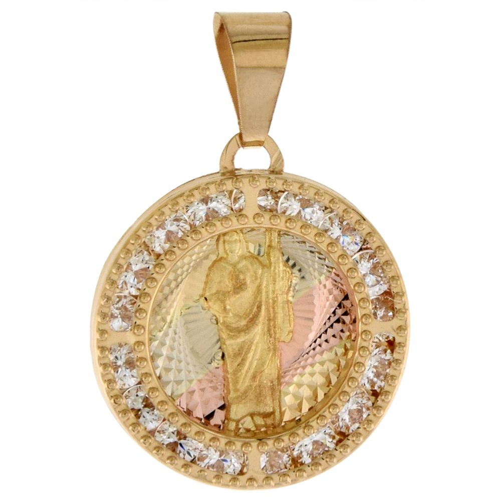5/8 INCH (15MM) ROUND GENUINE 14K 3-COLOR GOLD CUBIC ZIRCONIA ST JUDE PENDANT FOR WOMEN & MEN DIAMOND CUT BACK NO CHAIN (NO CHAIN)