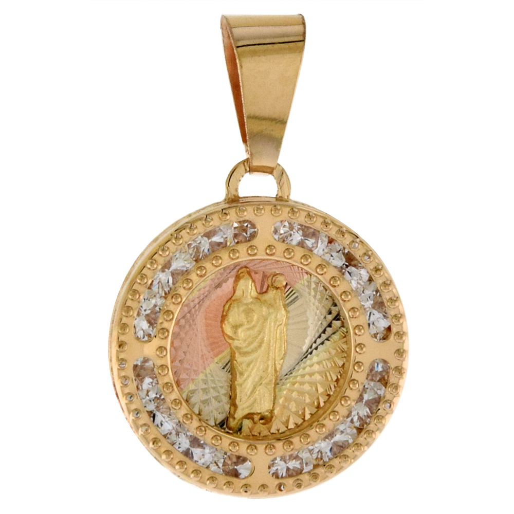 1/2 INCH (13MM) ROUND GENUINE 14K 3-COLOR GOLD CUBIC ZIRCONIA ST JUDE PENDANT FOR WOMEN & MEN DIAMOND CUT BACK NO CHAIN (NO CHAIN)
