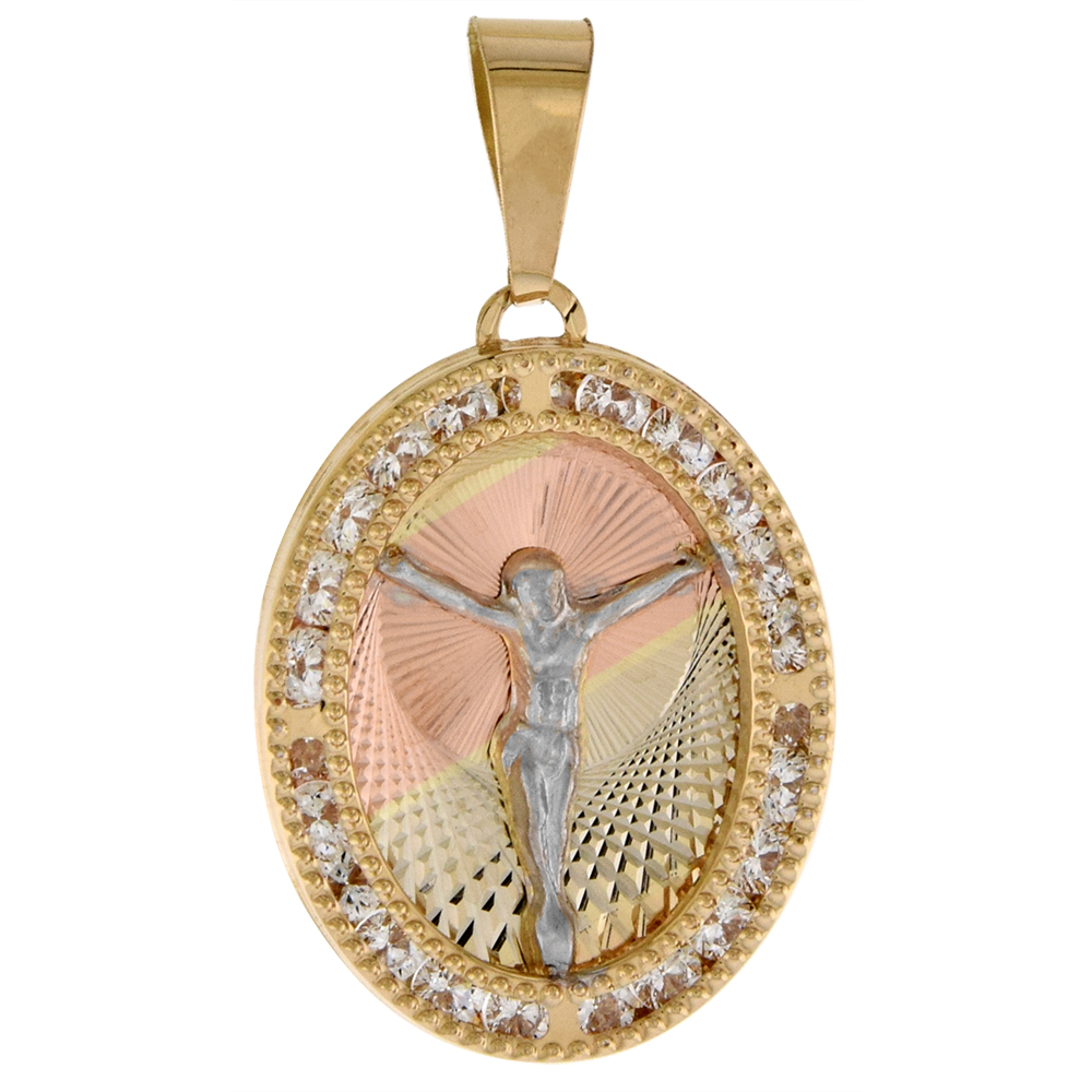 7/8 INCH (22MM) OVAL GENUINE 14K 3-COLOR GOLD CUBIC ZIRCONIA BODY OF CHRIST PENDANT FOR WOMEN & MEN DIAMOND CUT BACK NO CHAIN