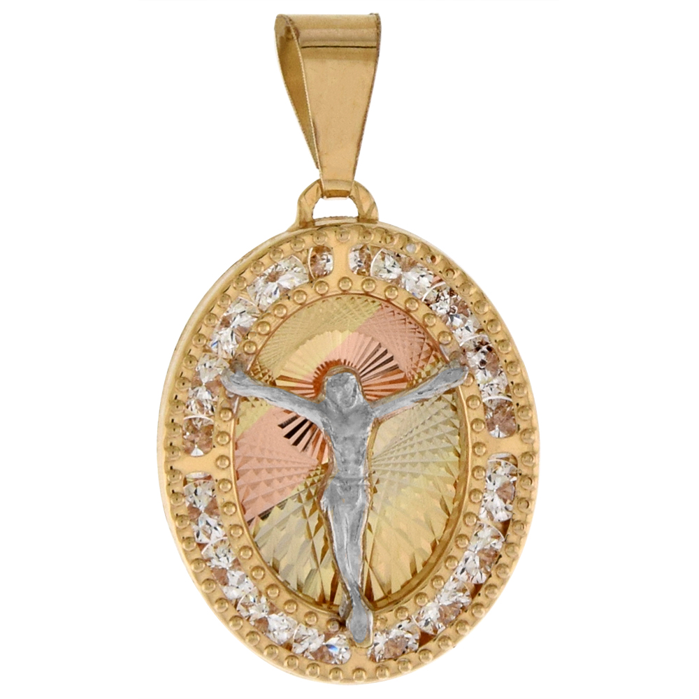 5/8 INCH (17MM) OVAL GENUINE 14K 3-COLOR GOLD CUBIC ZIRCONIA BODY OF CHRIST PENDANT FOR WOMEN & MEN DIAMOND CUT BACK NO CHAIN (NO CHAIN)