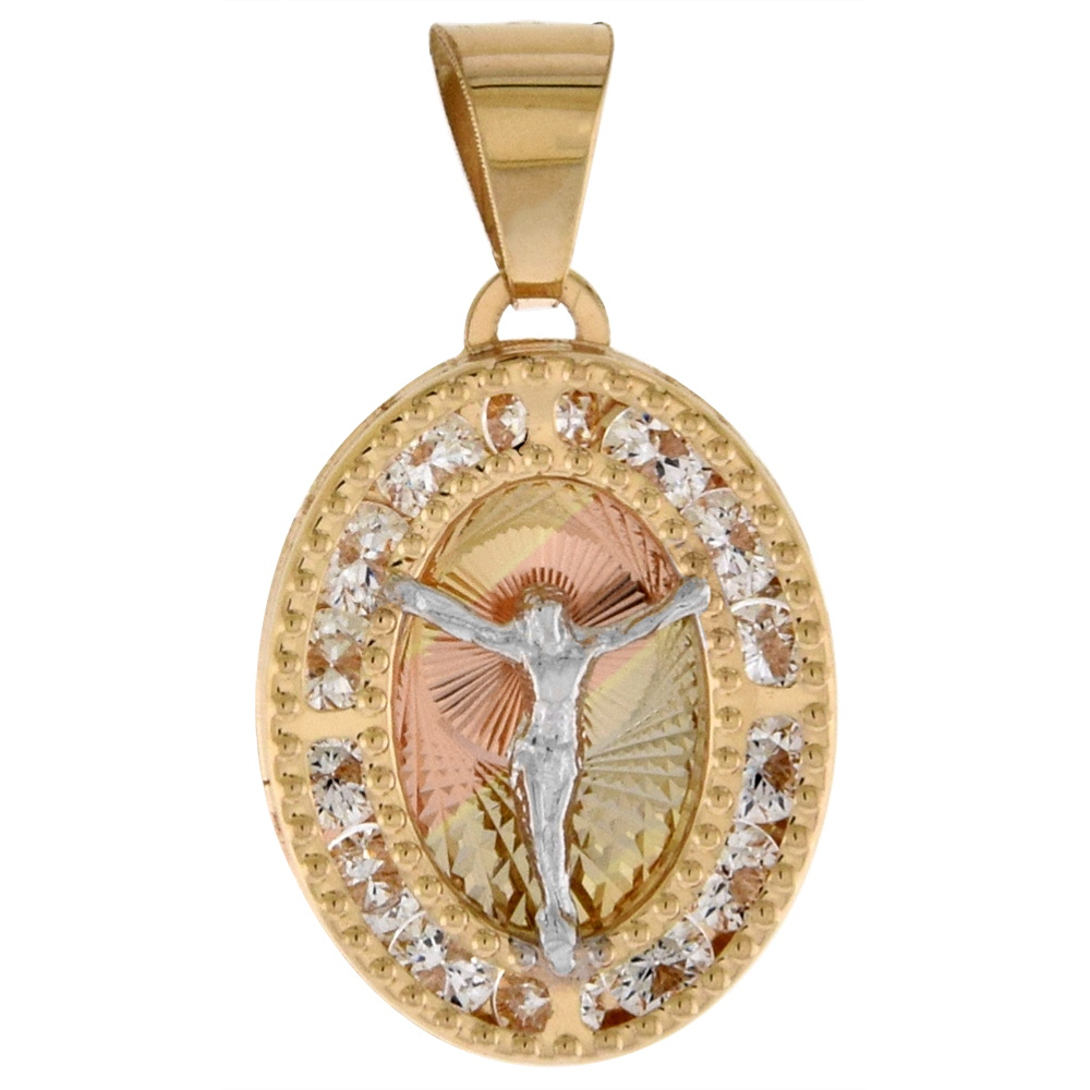 1/2 INCH (14MM) OVAL GENUINE 14K 3-COLOR GOLD CUBIC ZIRCONIA BODY OF CHRIST PENDANT FOR WOMEN & MEN DIAMOND CUT BACK NO CHAIN (NO CHAIN)