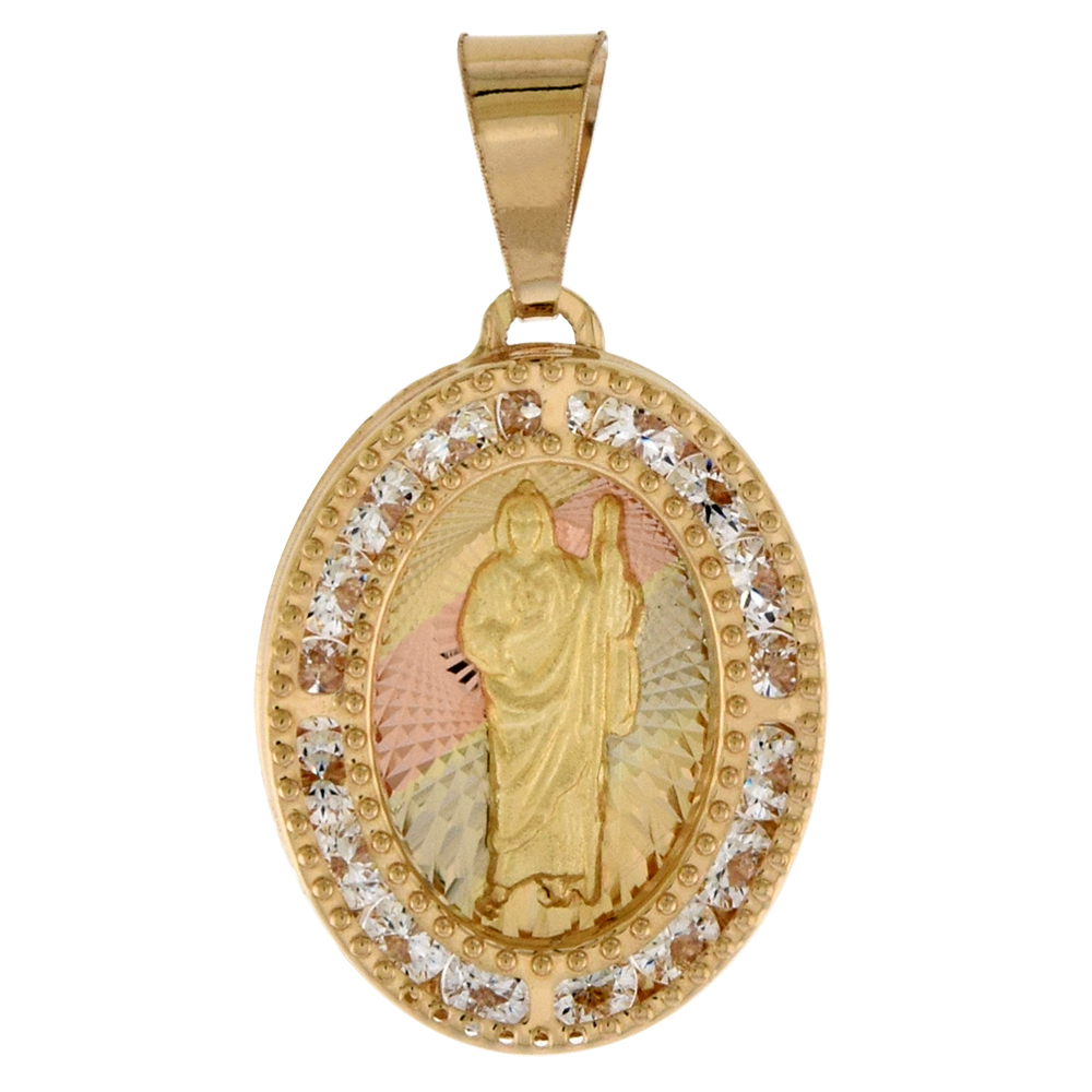 5/8 INCH (17MM) OVAL GENUINE 14K 3-COLOR GOLD CUBIC ZIRCONIA ST JUDE PENDANT FOR WOMEN & MEN DIAMOND CUT BACK NO CHAIN (NO CHAIN)