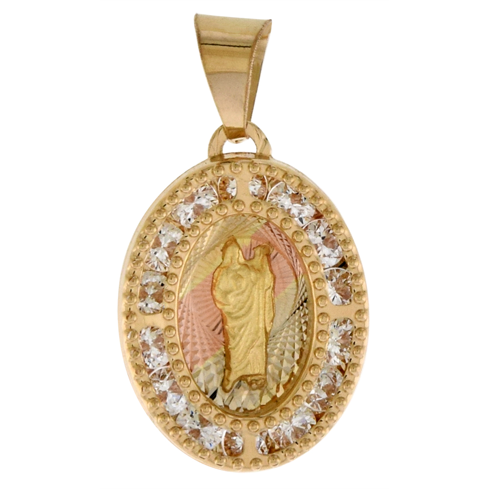 1/2 INCH (14MM) OVAL GENUINE 14K 3-COLOR GOLD CUBIC ZIRCONIA ST JUDE PENDANT FOR WOMEN & MEN DIAMOND CUT BACK NO CHAIN (NO CHAIN)