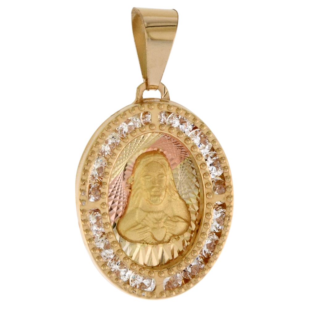 5/8 INCH (17MM) OVAL GENUINE 14K 3-COLOR GOLD CUBIC ZIRCONIA SACRED HEART OF JESUS PENDANT FOR WOMEN & MEN DIAMOND CUT BACK NO CHAIN (NO CHAIN)