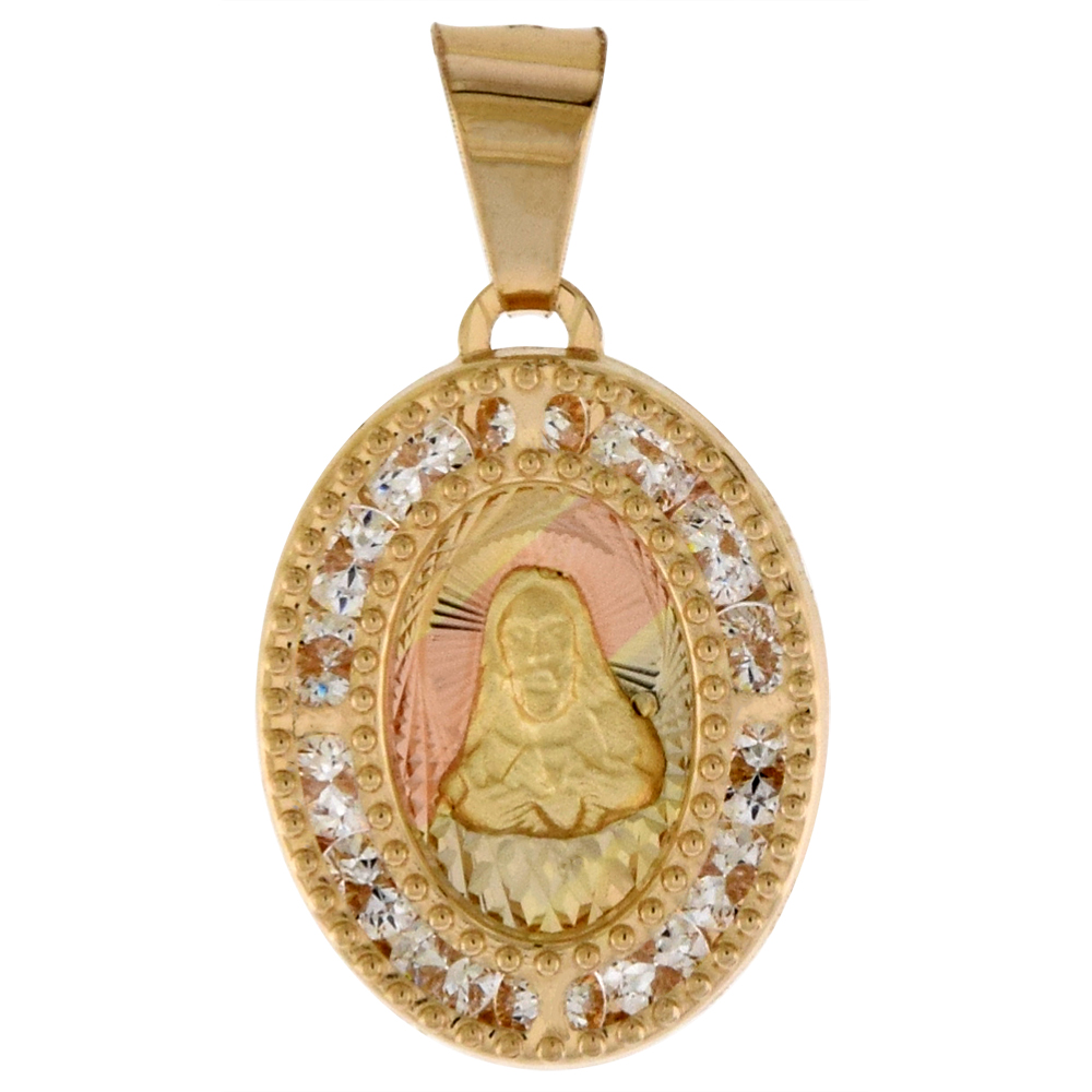 1/2 INCH (14MM) OVAL GENUINE 14K 3-COLOR GOLD CUBIC ZIRCONIA SACRED HEART OF JESUS PENDANT FOR WOMEN & MEN DIAMOND CUT BACK NO CHAIN (NO CHAIN)