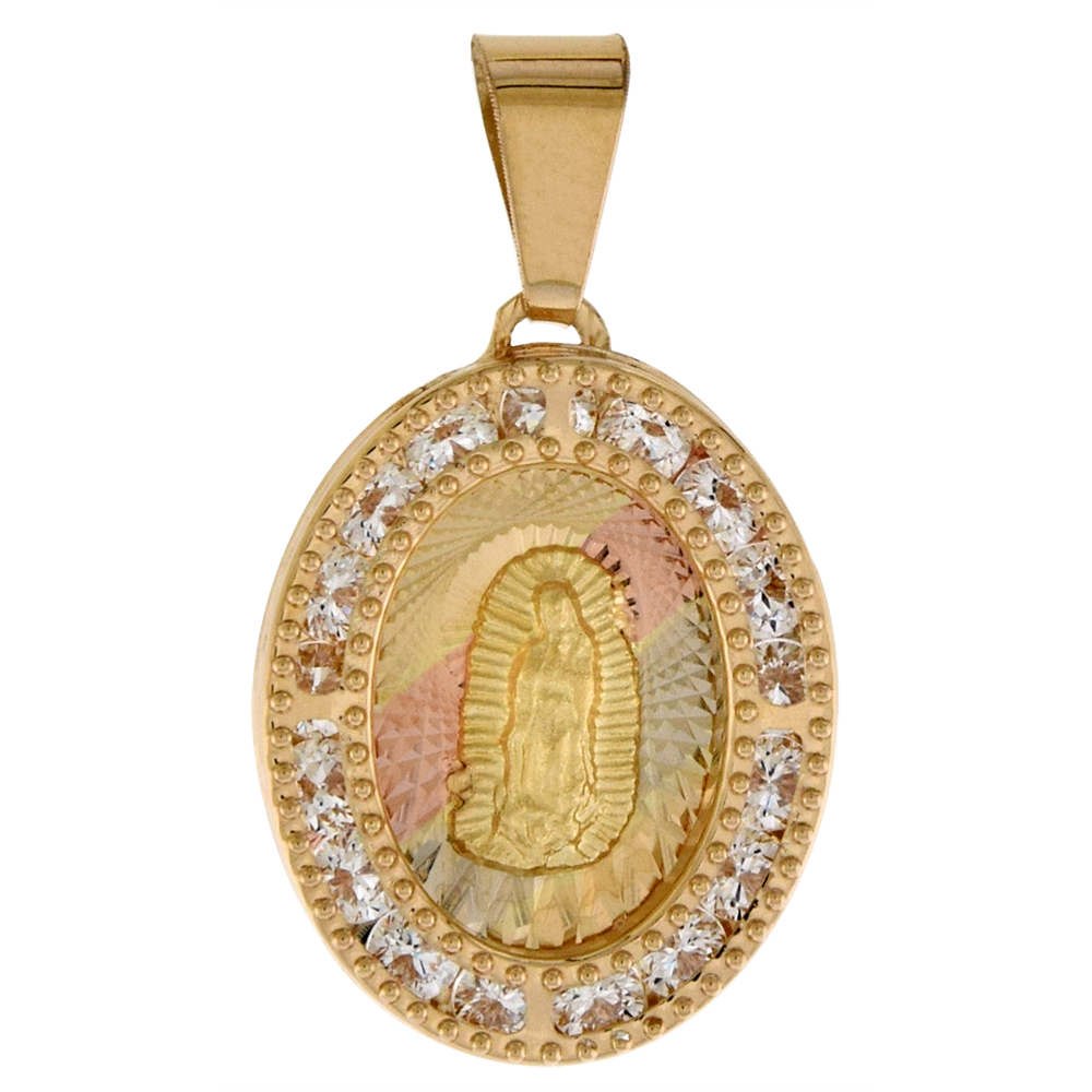 5/8 INCH (17MM) OVAL GENUINE 14K 3-COLOR GOLD CUBIC ZIRCONIA GUADALUPE PENDANT FOR WOMEN & MEN DIAMOND CUT BACK NO CHAIN (NO CHAIN)