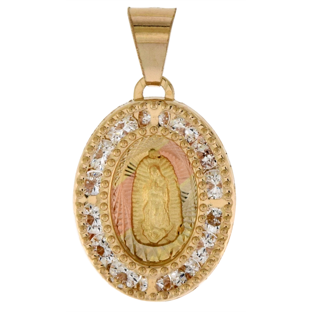 1/2 INCH (14MM) OVAL GENUINE 14K 3-COLOR GOLD CUBIC ZIRCONIA GUADALUPE PENDANT FOR WOMEN & MEN DIAMOND CUT BACK NO CHAIN (NO CHAIN)