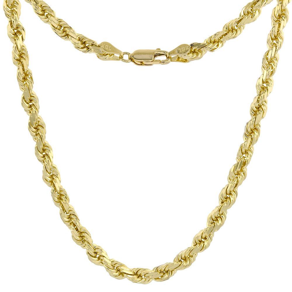 Solid Yellow 14K Gold 5mm Diamond Cut Rope Chain Necklaces & Bracelets for Men 9-30 inches long