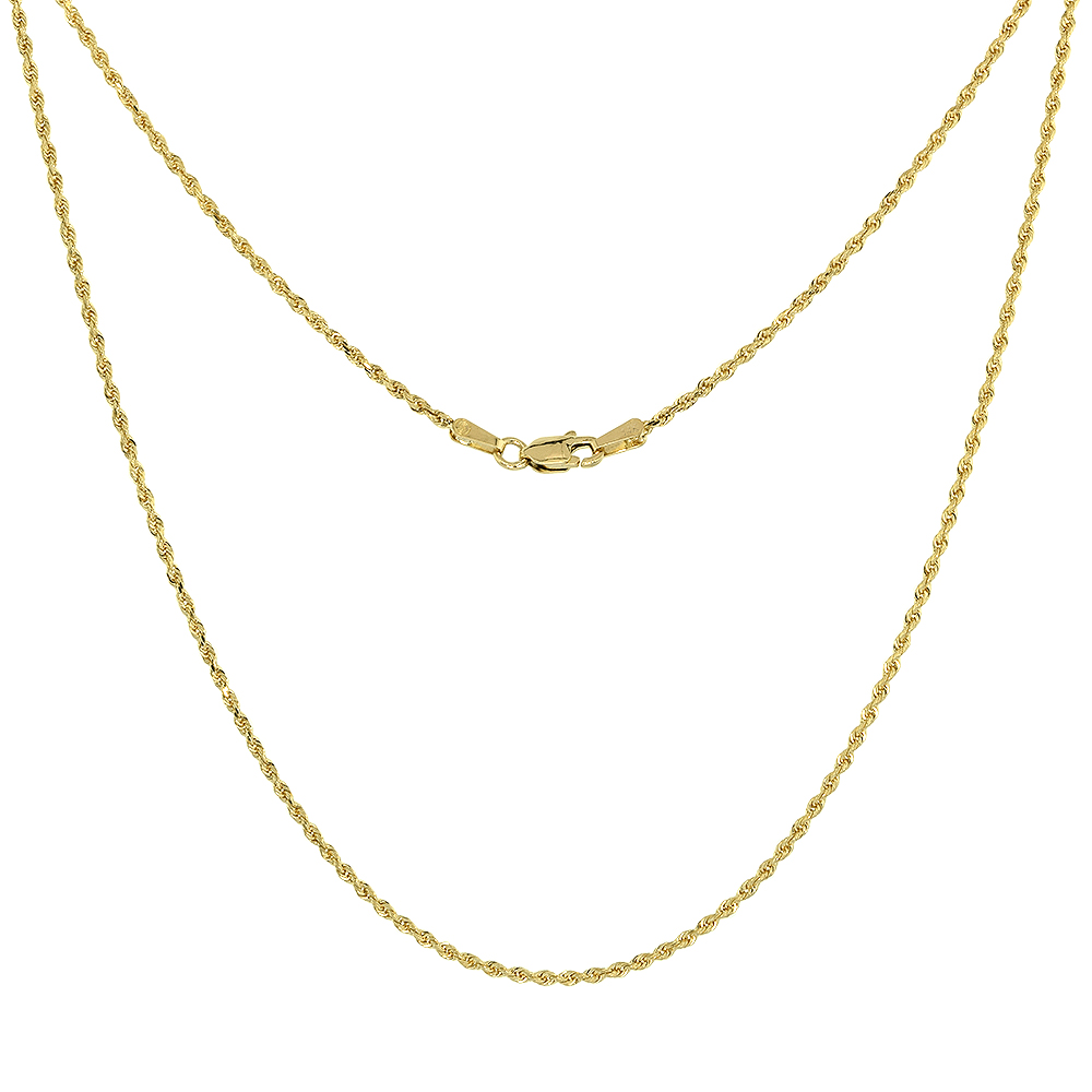 Solid Yellow 14K Gold 1.5mm Diamond Cut Rope Chain Necklaces & Bracelets for Men and Women 7-30 inches long