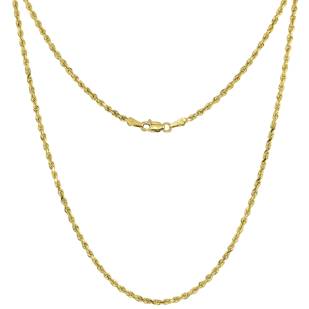 SOLID YELLOW 14K GOLD 2MM DIAMOND CUT ROPE CHAIN NECKLACES & BRACELETS FOR MEN AND WOMEN 8-30 INCHES LONG