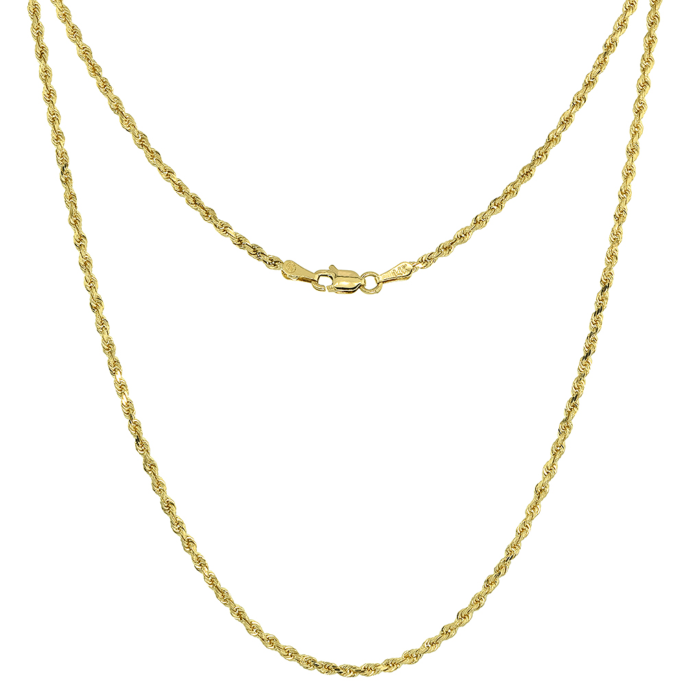 Solid Yellow 14K Gold 2mm Diamond Cut Rope Chain Necklaces & Bracelets for Men and Women 8-30 inches long