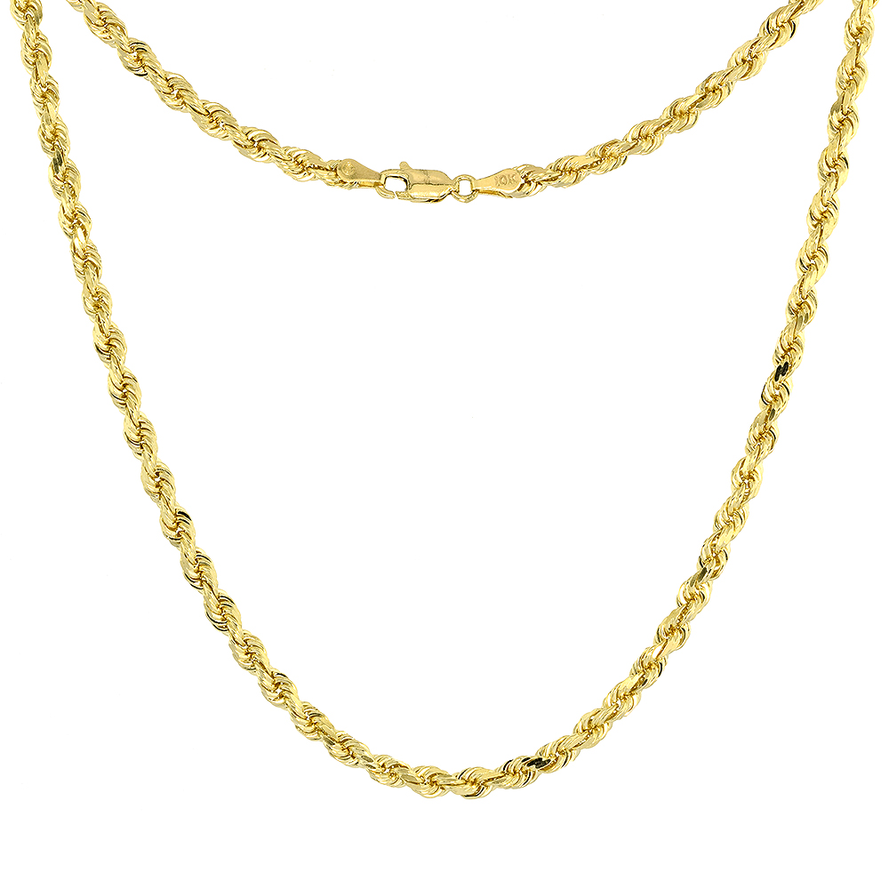 Solid Yellow 14K Gold 4mm Diamond Cut Rope Chain Necklaces & Bracelets for Men and Women 8-30 inches long