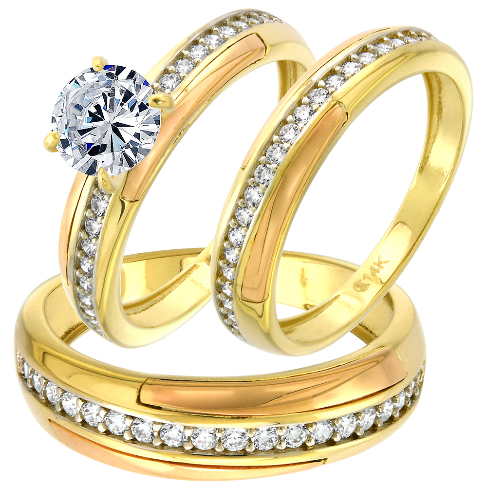 14k Tricolor Gold Cubic Zirconia Solitaire Wedding Ring Trio Set Round 7mm Channel Set L 5-10, M 8-14