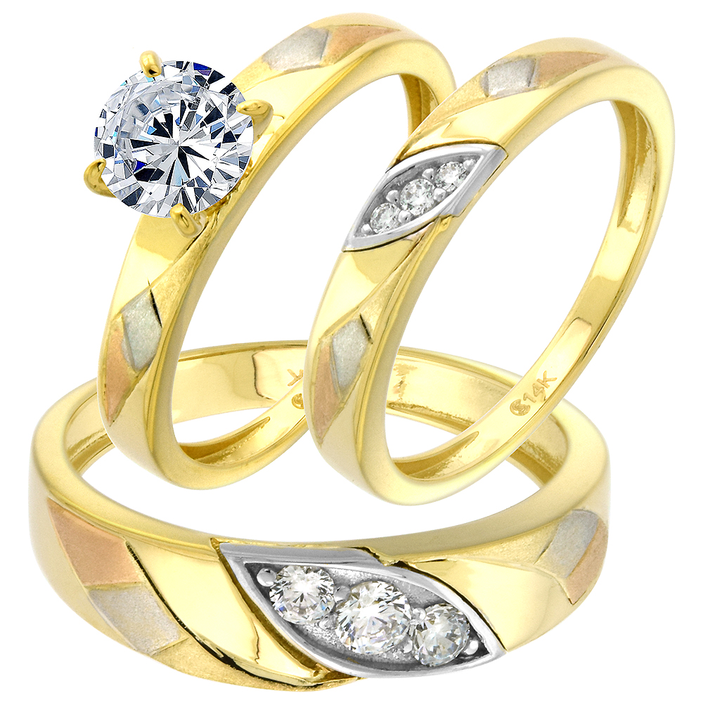 14k Yellow Gold Cubic Zirconia Trio Wedding Ring Set Round Brilliant cut 7mm L 5-10, M 8-14