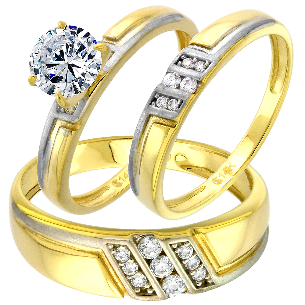 14k Yellow Gold Cubic Zirconia Trio Engagement Wedding Ring Set 3 Piece, L 5-10, M 8-14