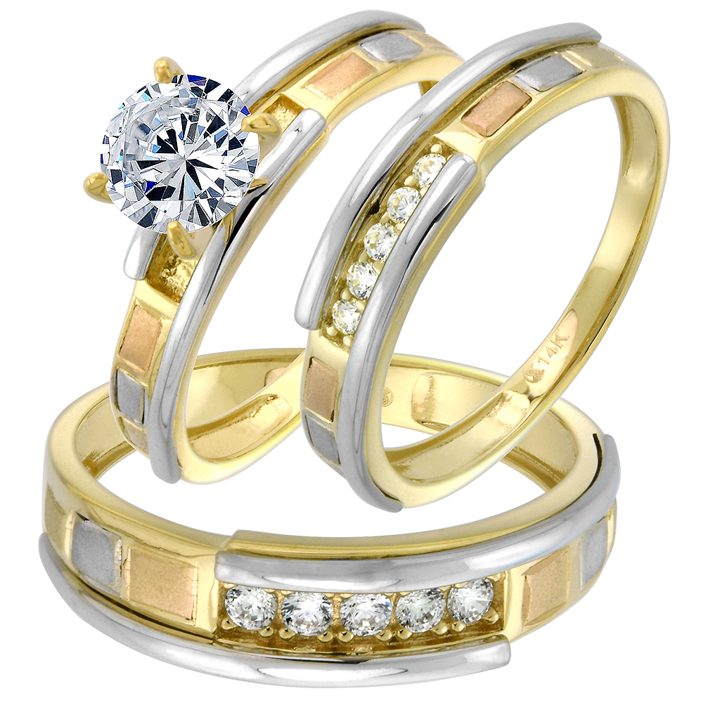 14k Tricolor Gold Cubic Zirconia Trio Engagement Wedding Ring Set 3 Piece L 5-10, M 8-14