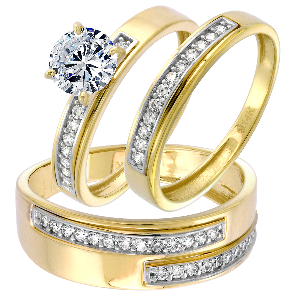 14k Yellow Gold CZ Trio Engagement Wedding Ring Set 3 Piece Round Brilliant cut 7mm L 5-10, M 8-14