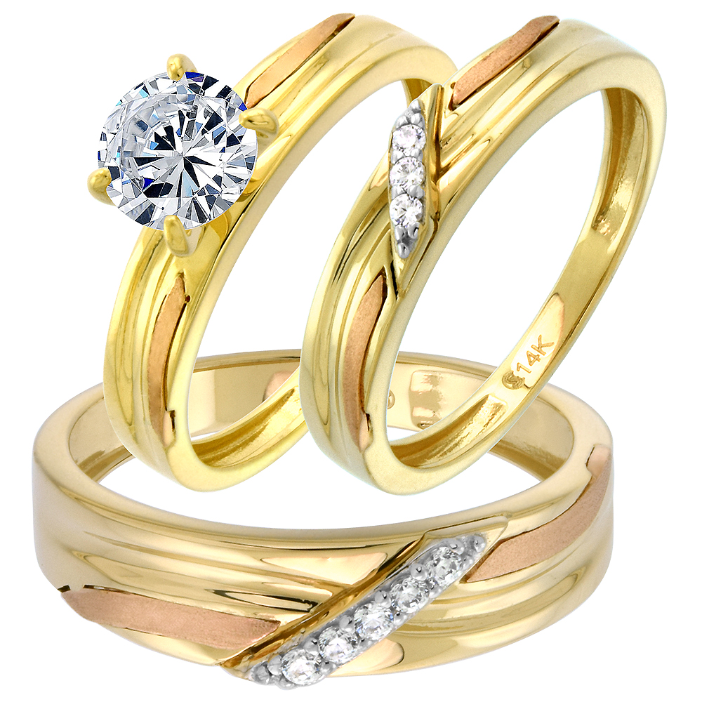 14k Tricolor Gold Cubic Zirconia Trio Engagement Wedding Ring Set 3 Piece Round 7mm L 5-10, M 8-14