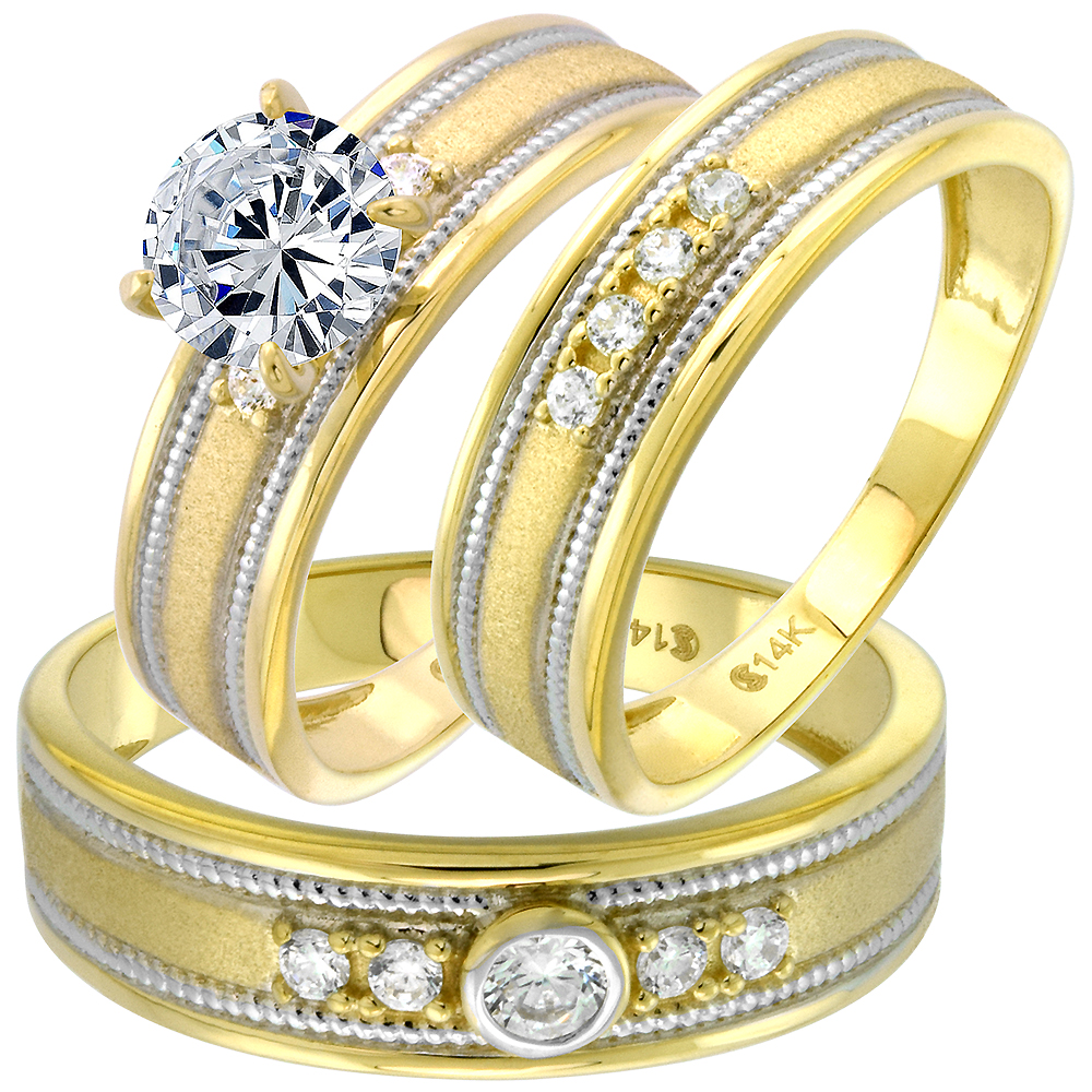 14k Yellow Gold CZ Trio Wedding Ring Set 3 Piece Round Brushed Center Rope Edge L 5-10 M 8-14