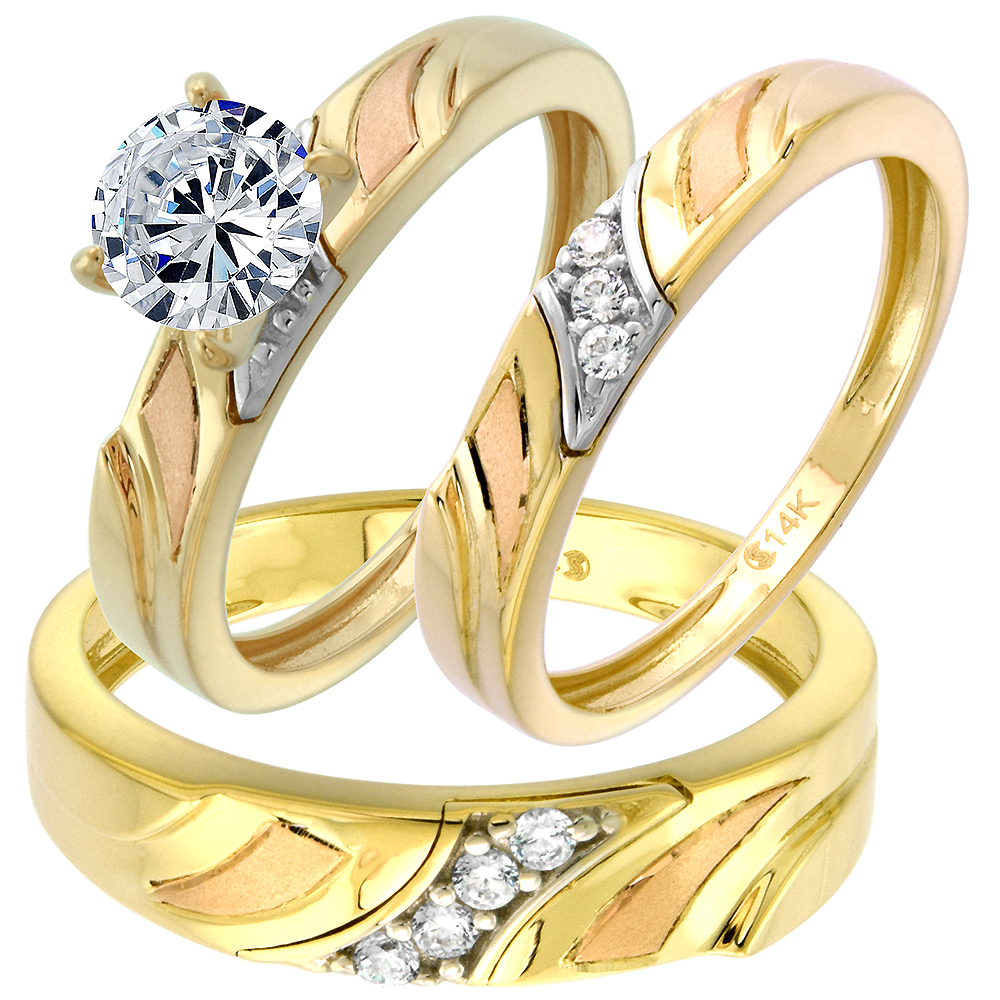 14k Yellow Gold CZ Trio Engagement Wedding Ring Set 3 Piece Round Brilliant cut 7mm, L 5-10 M 8-14