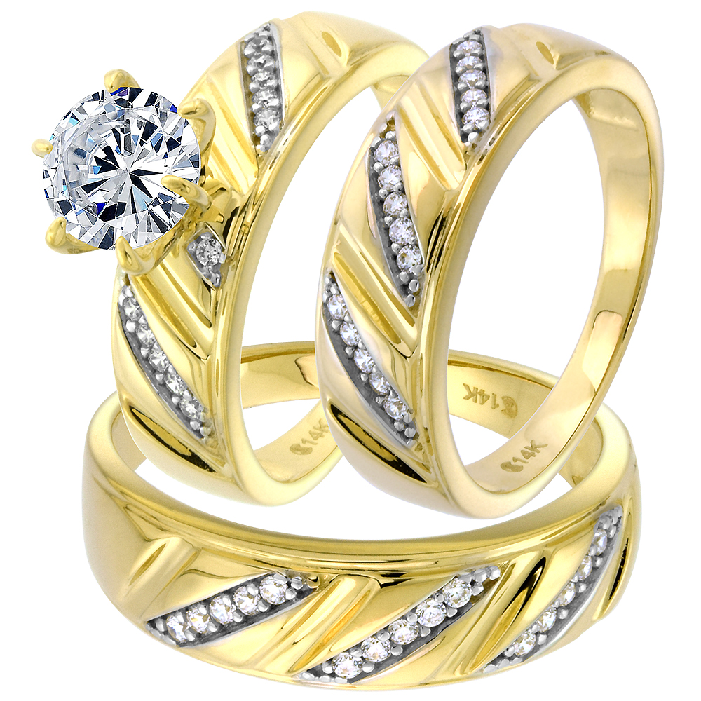 14k Yellow Gold CZ Ladies Solitaire Engagement Ring Round Brilliant cut 7mm Slanted Stripes, size 5-10