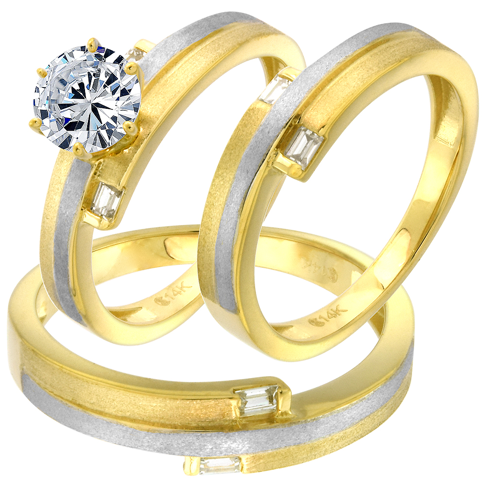 2-Tone 14k Gold CZ Trio Engagement Wedding Ring Set 3 Piece Baguette Round L 5-10 M 8-14