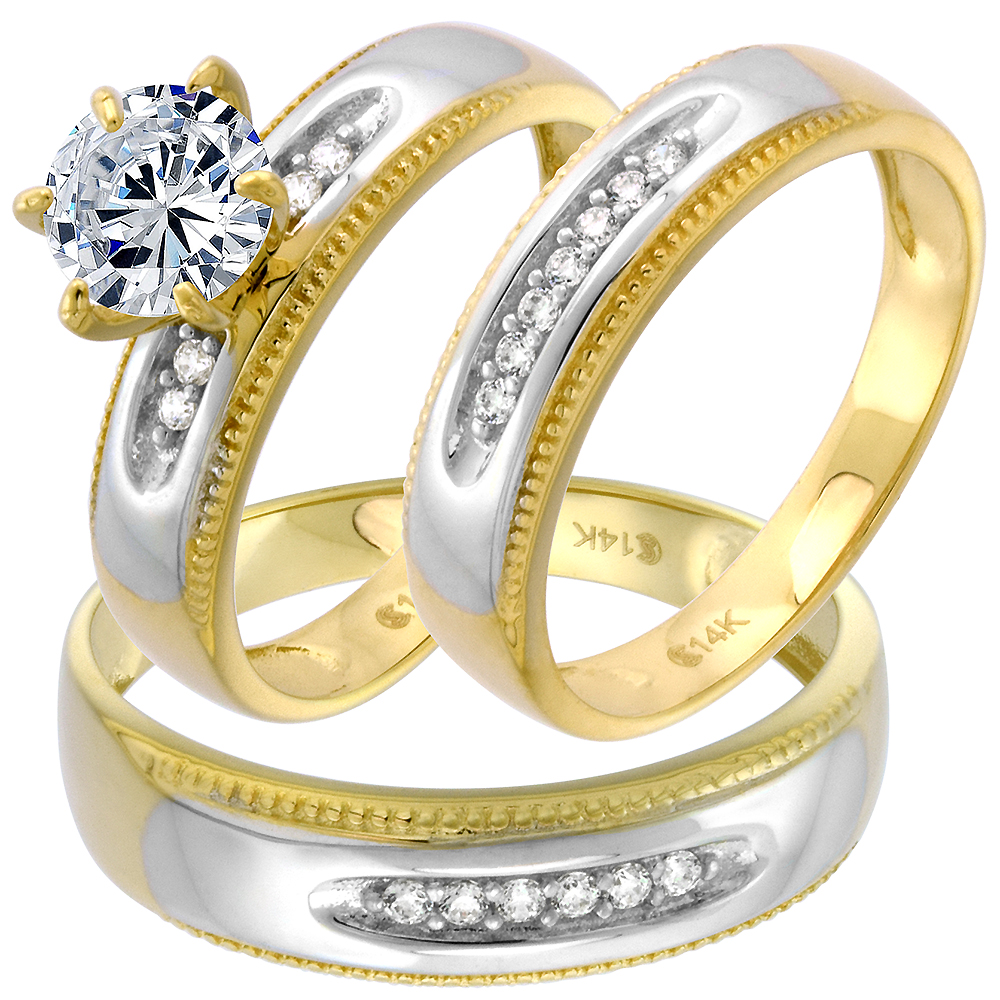 2-Tone 14k Gold CZ Trio Engagement Wedding Ring Set 3-Pc Round Brilliant cut 7mm Milgrain L 5-10 M 8-14