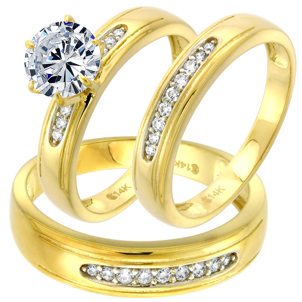 14k Yellow Gold CZ Trio Engagement Wedding Ring Set 3 Piece Round Brilliant cut 7mm L 5-10 M 8-14