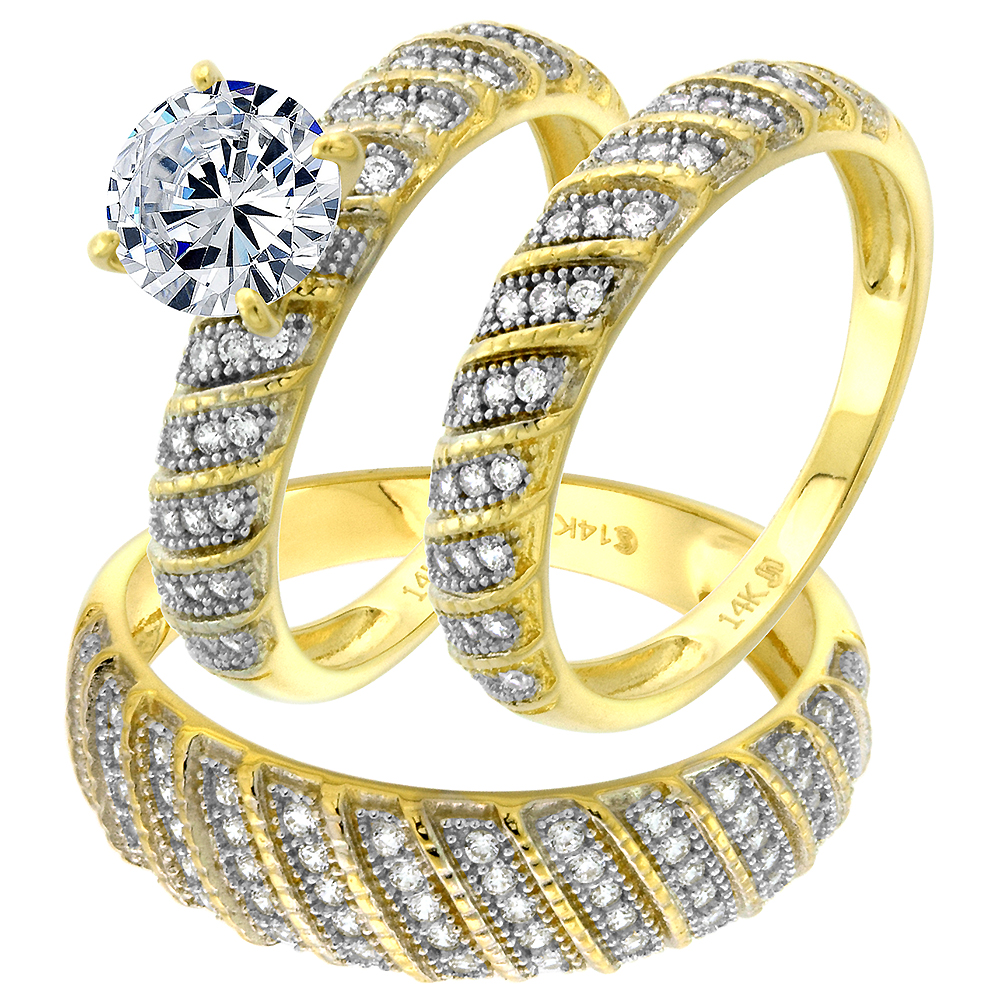 14k Yellow Gold CZ Trio Engagement Wedding Ring Set 3 Piece Multi Stripes Pave Round 7mm L 5-10, M 8-14