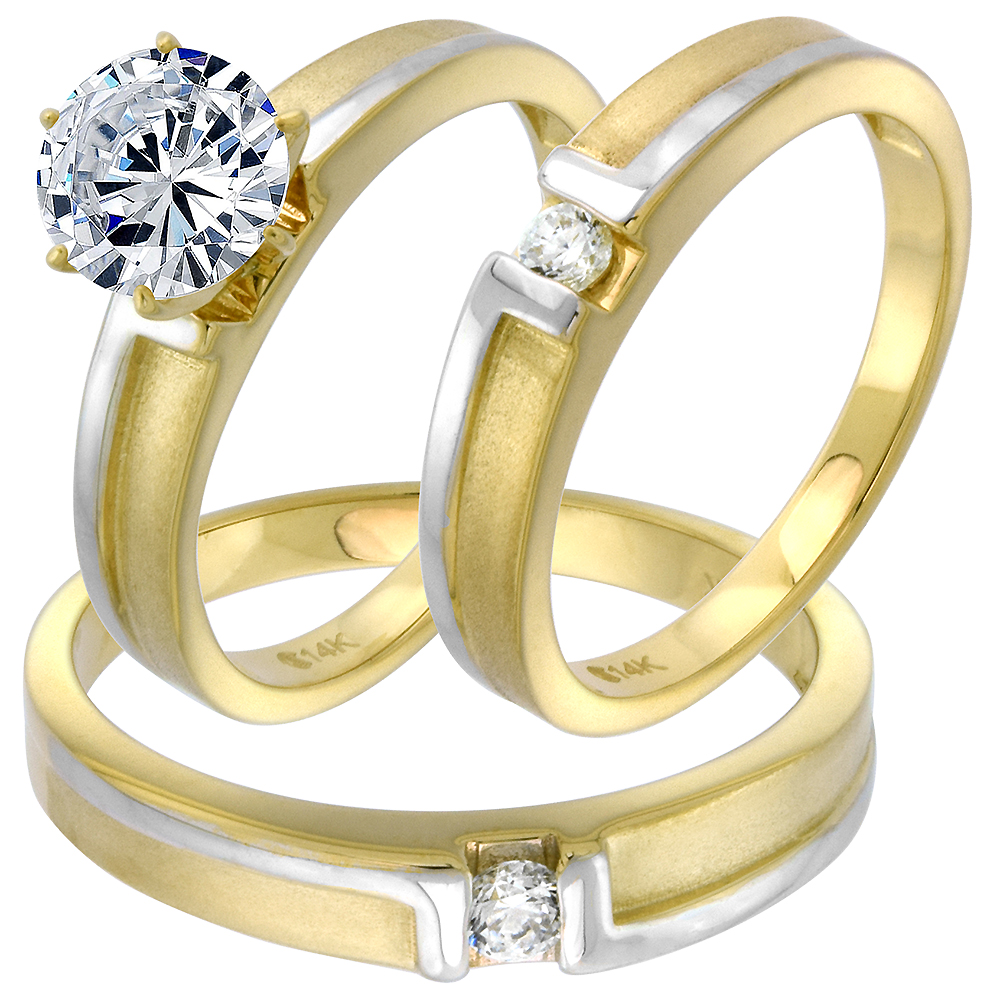 14k Yellow Gold CZ Trio Engagement Wedding Ring Set 3 Piece Round Brilliant cut 7mm L 5-10, M 8-14