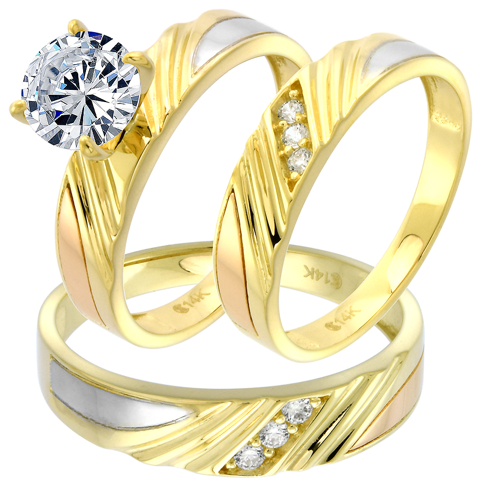 Tricolor 14k Gold CZ Trio Engagement Wedding Ring Set 3 Piece Round Brilliant cut 7mm L 5-10, M 8-14