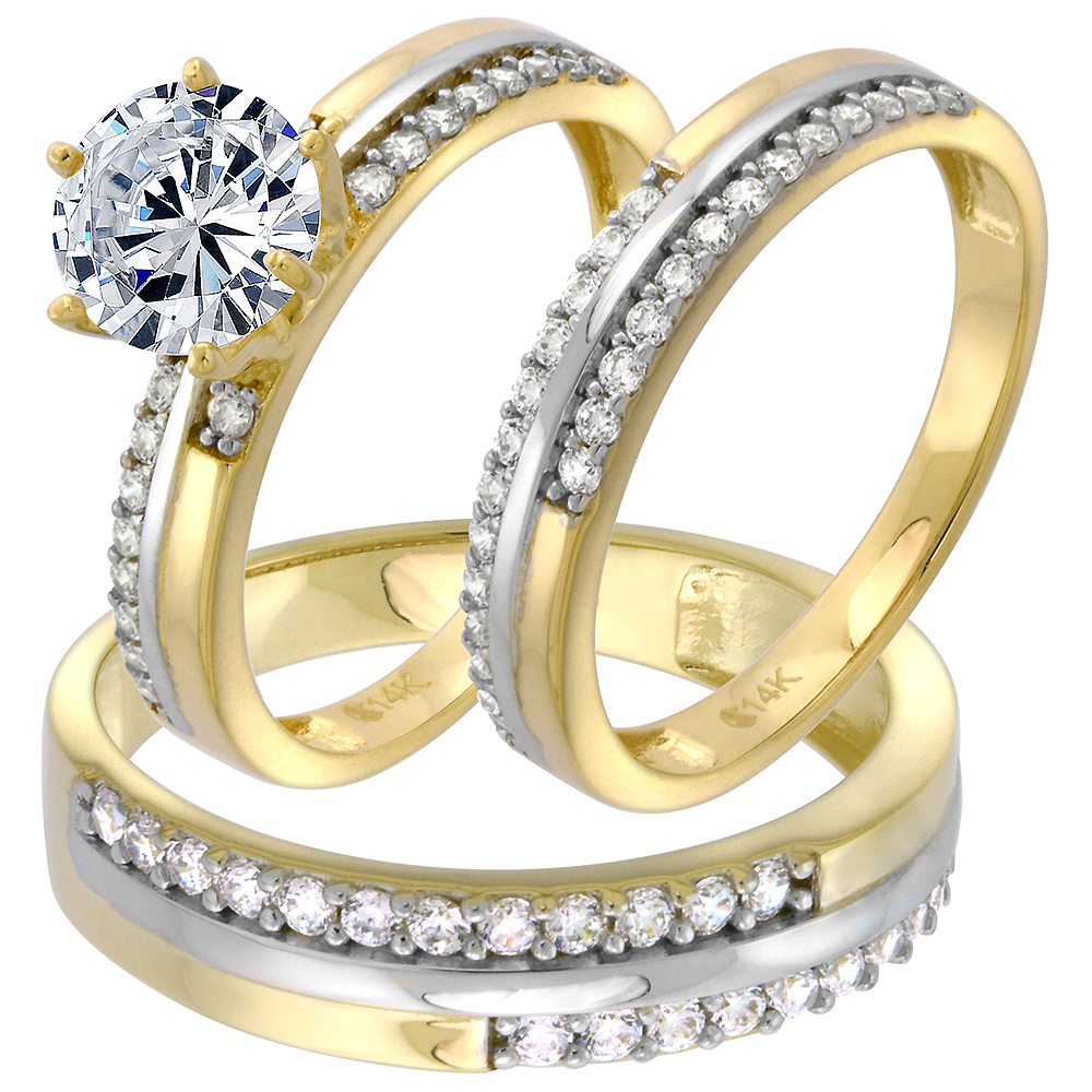 14k Yellow Gold CZ Trio Engagement Wedding Ring Set 3 Piece White Gold Center Round 7mm L 5-10 M 8-14