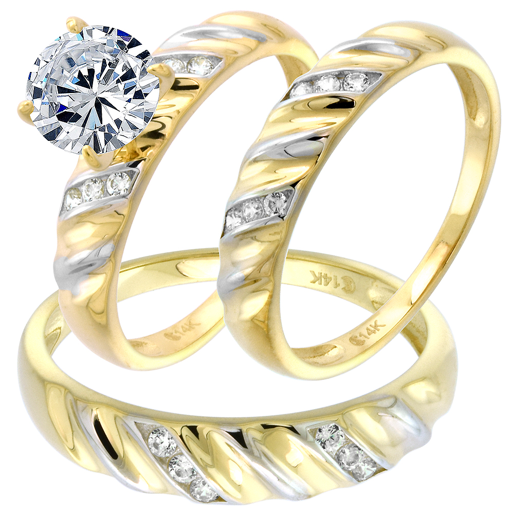 14k Yellow Gold CZ Trio Engagement Wedding Ring Set 3 Piece Groove Round Brilliant cut 7mm L 5-10 M 8-14