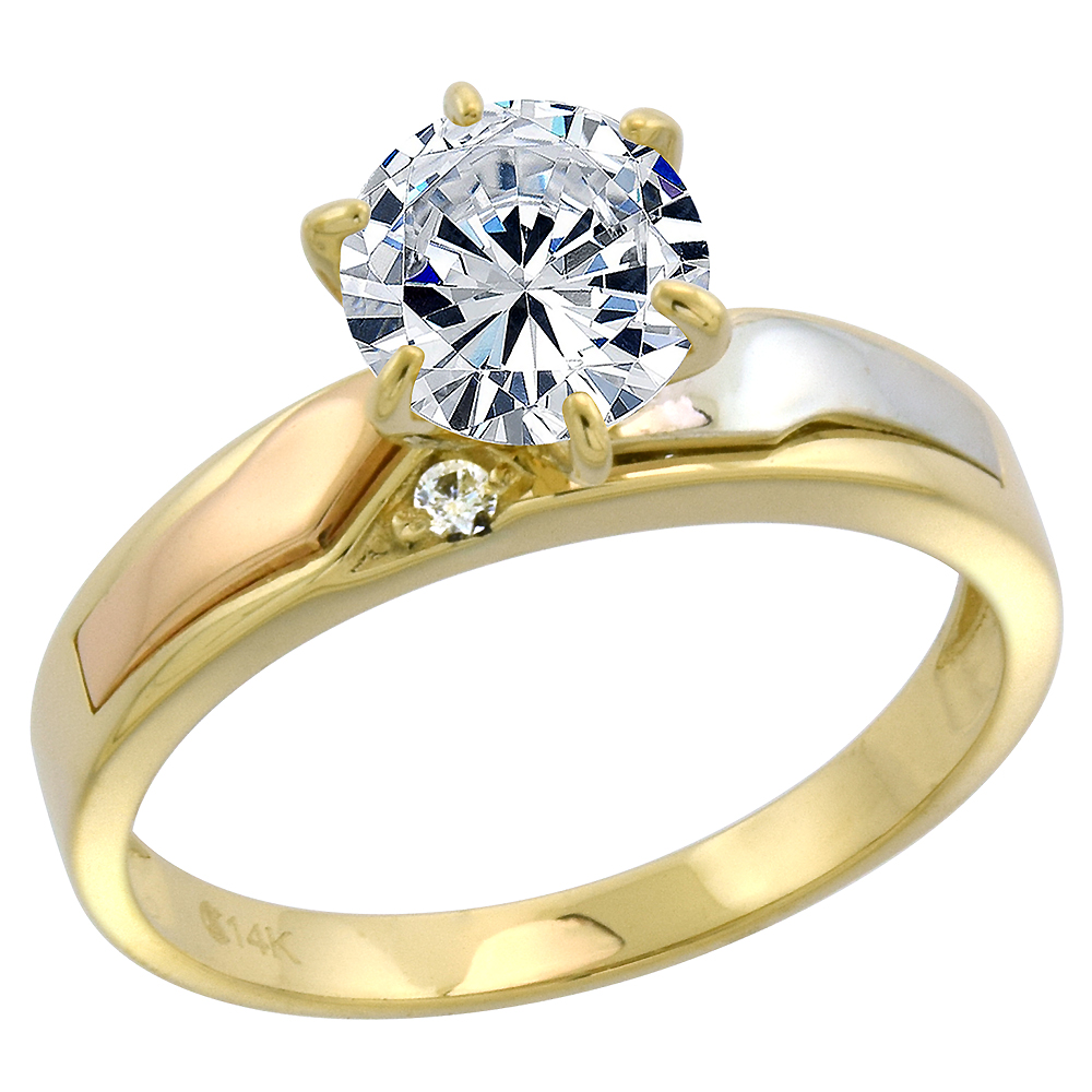 14k Tricolor Gold Cubic Zirconia Ladies Solitaire Engagement Ring Round 7mm Brilliant cut size 5-10