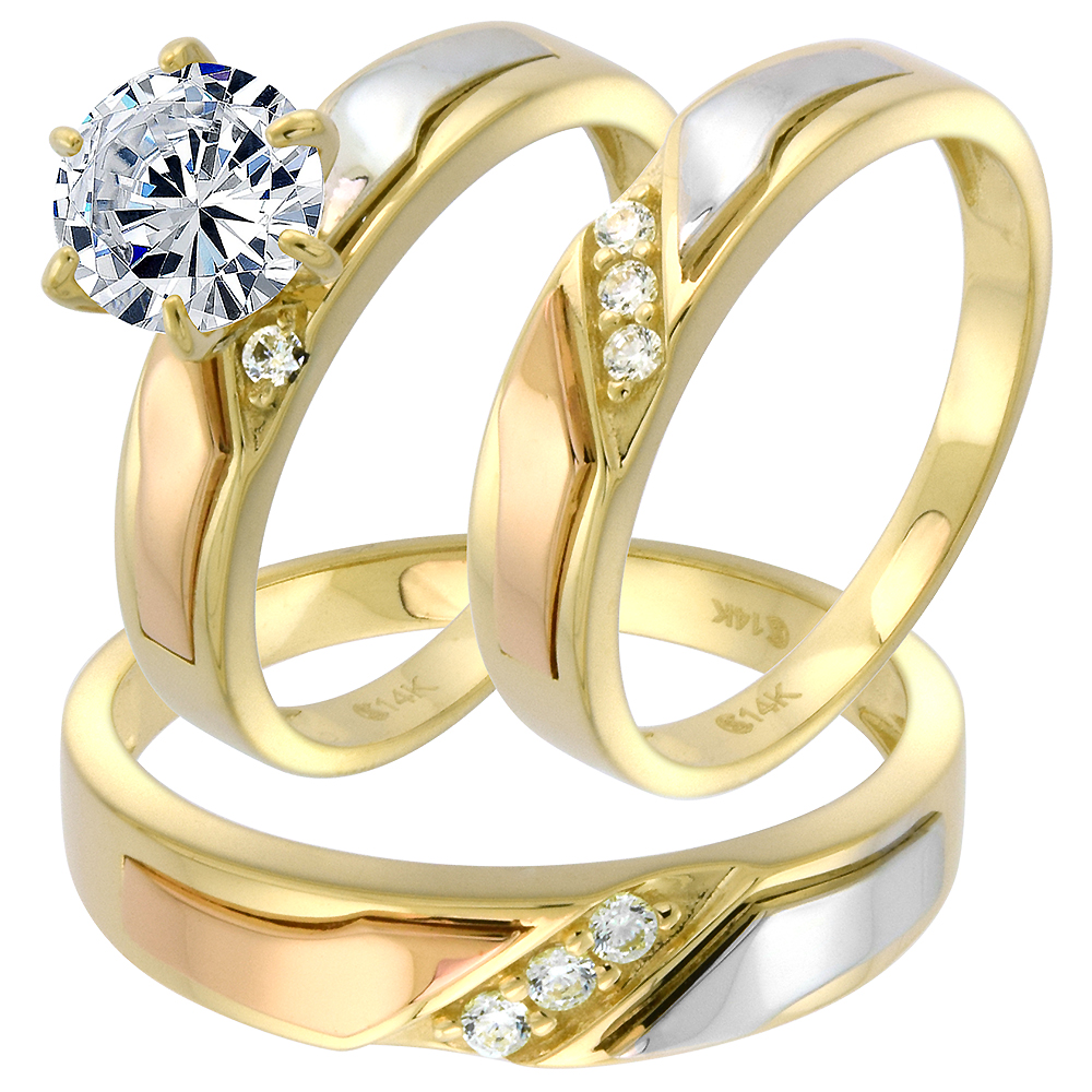14k Tricolor Gold CZ Trio Engagement Wedding Ring Set 3 Piece Round Brilliant cut 7mm L 5-10 M 8-14