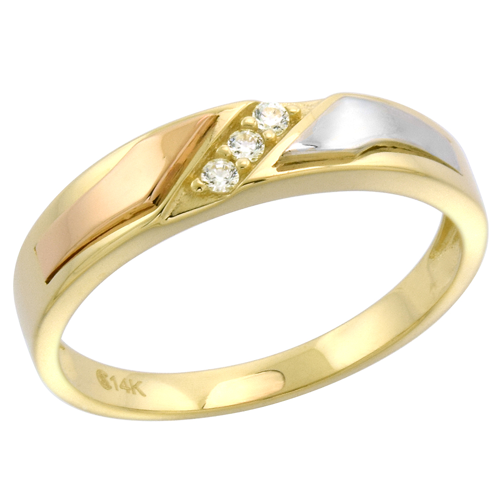 14k Tricolor Gold Cubic Zirconia Wedding Band for Women 5mm 3-Stone, size 5-10