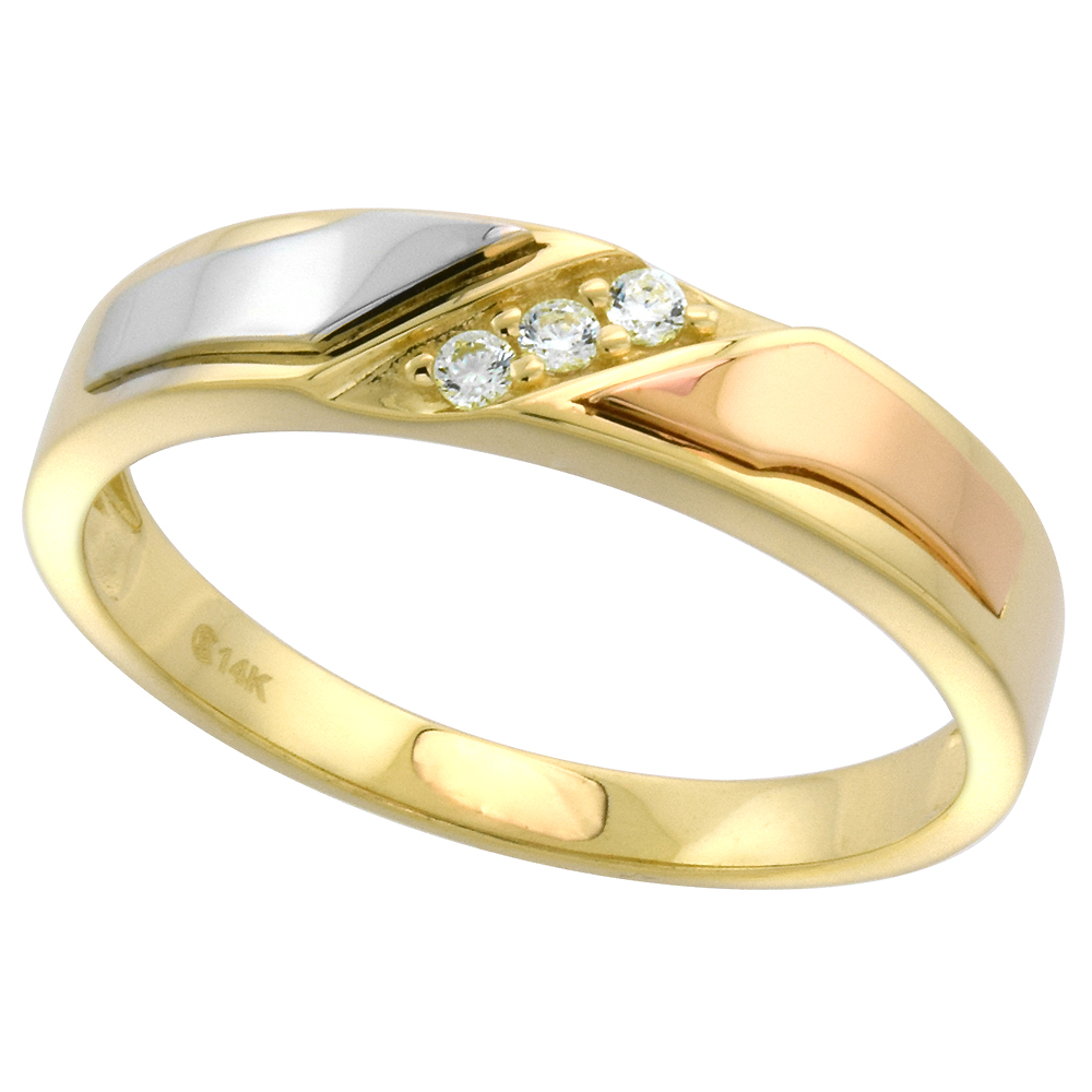 14k Tricolor Gold Cubic Zirconia Wedding Band for Men 5mm 3-Stone, size 8-14