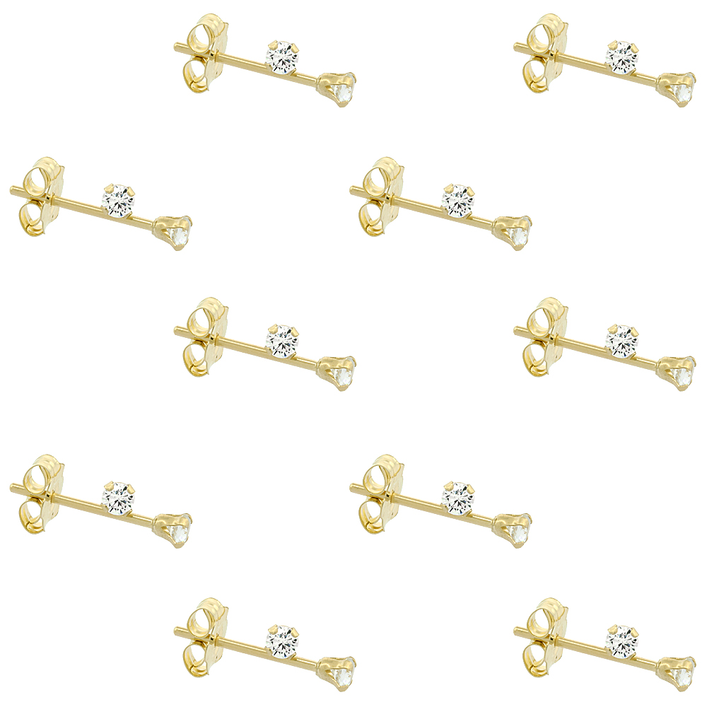 10-Pair Set 14k Yellow Gold Tiny 2mm Cubic Zirconia Earrings Studs Cartilage Nose 4 prong 0.06 ct/pr