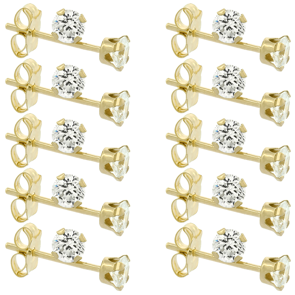 10-Pair Pack 14k Yellow Gold 3mm Cubic Zirconia Earrings Studs Cartilage Nose 4 prong 1/4 ct/pr