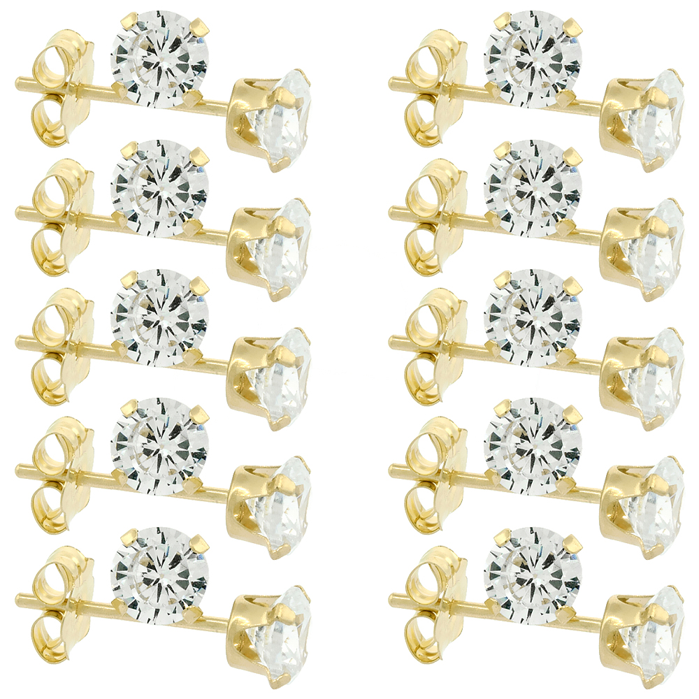 10-Pair Pack 14k Yellow Gold 4mm Cubic Zirconia Earrings Studs Cartilage Nose 4 prong 0.5 ct/pr