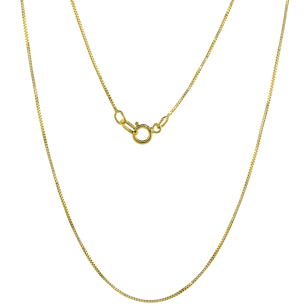 10K SOLID YELLOW GOLD BOX CHAIN NECKLACES 0.6 MM NICKEL FREE, 16 - 24 INCHES LONG
